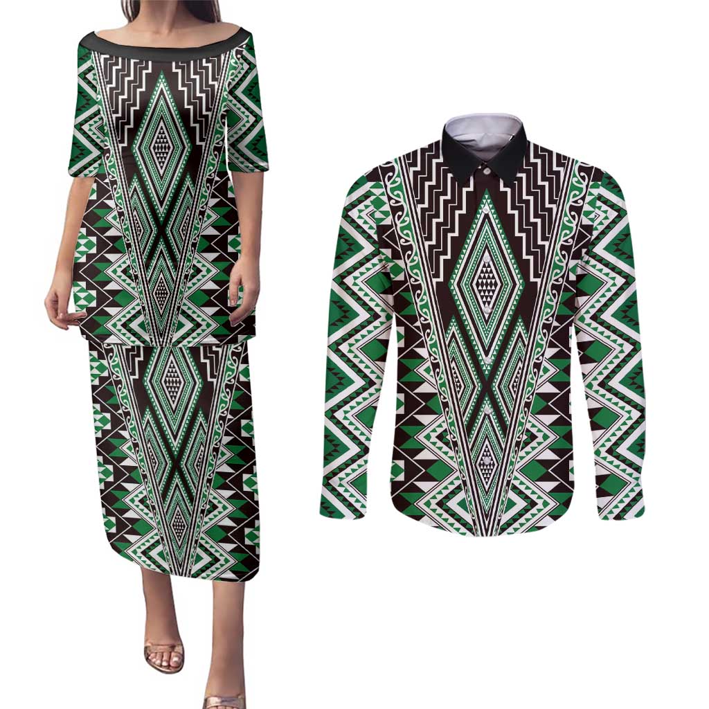 Green Aotearoa Tukutuku and Poutama Motif Couples Matching Puletasi and Long Sleeve Button Shirt LT03 Green - Polynesian Pride
