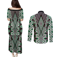 Green Aotearoa Tukutuku and Poutama Motif Couples Matching Puletasi and Long Sleeve Button Shirt LT03 - Polynesian Pride