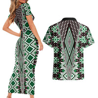 Green Aotearoa Tukutuku and Poutama Motif Couples Matching Short Sleeve Bodycon Dress and Hawaiian Shirt LT03 - Polynesian Pride