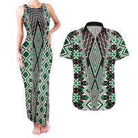 Green Aotearoa Tukutuku and Poutama Motif Couples Matching Tank Maxi Dress and Hawaiian Shirt LT03 Green - Polynesian Pride