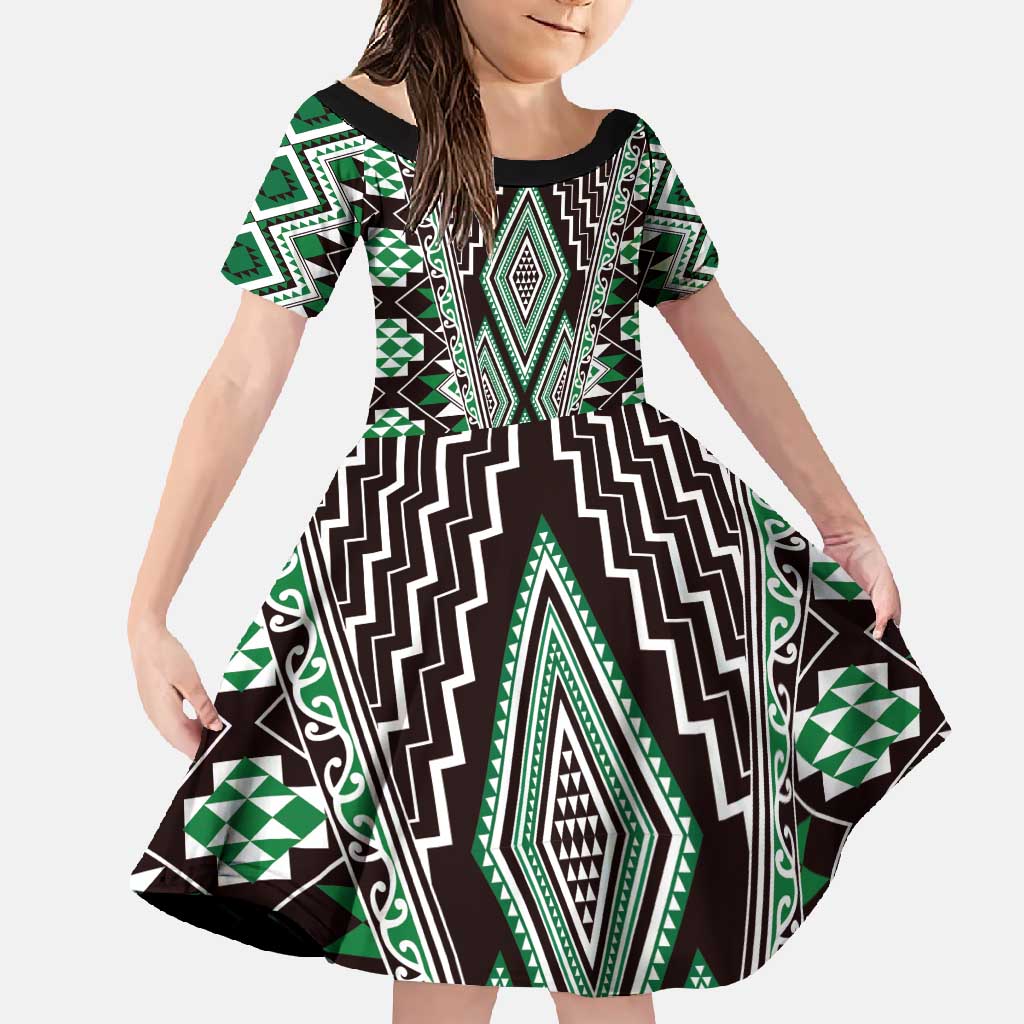 Green Aotearoa Tukutuku and Poutama Motif Family Matching Long Sleeve Bodycon Dress and Hawaiian Shirt LT03 Daughter's Dress Green - Polynesian Pride