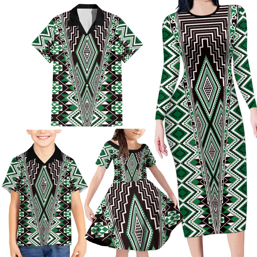 Green Aotearoa Tukutuku and Poutama Motif Family Matching Long Sleeve Bodycon Dress and Hawaiian Shirt LT03 - Polynesian Pride