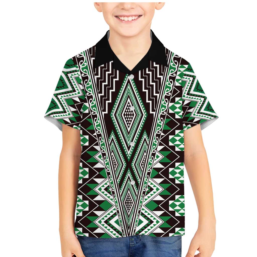 Green Aotearoa Tukutuku and Poutama Motif Family Matching Mermaid Dress and Hawaiian Shirt LT03 Son's Shirt Green - Polynesian Pride