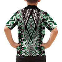 Green Aotearoa Tukutuku and Poutama Motif Family Matching Off The Shoulder Long Sleeve Dress and Hawaiian Shirt LT03 - Polynesian Pride