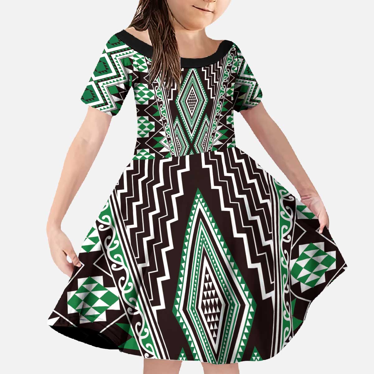 Green Aotearoa Tukutuku and Poutama Motif Family Matching Off The Shoulder Long Sleeve Dress and Hawaiian Shirt LT03 Daughter's Dress Green - Polynesian Pride