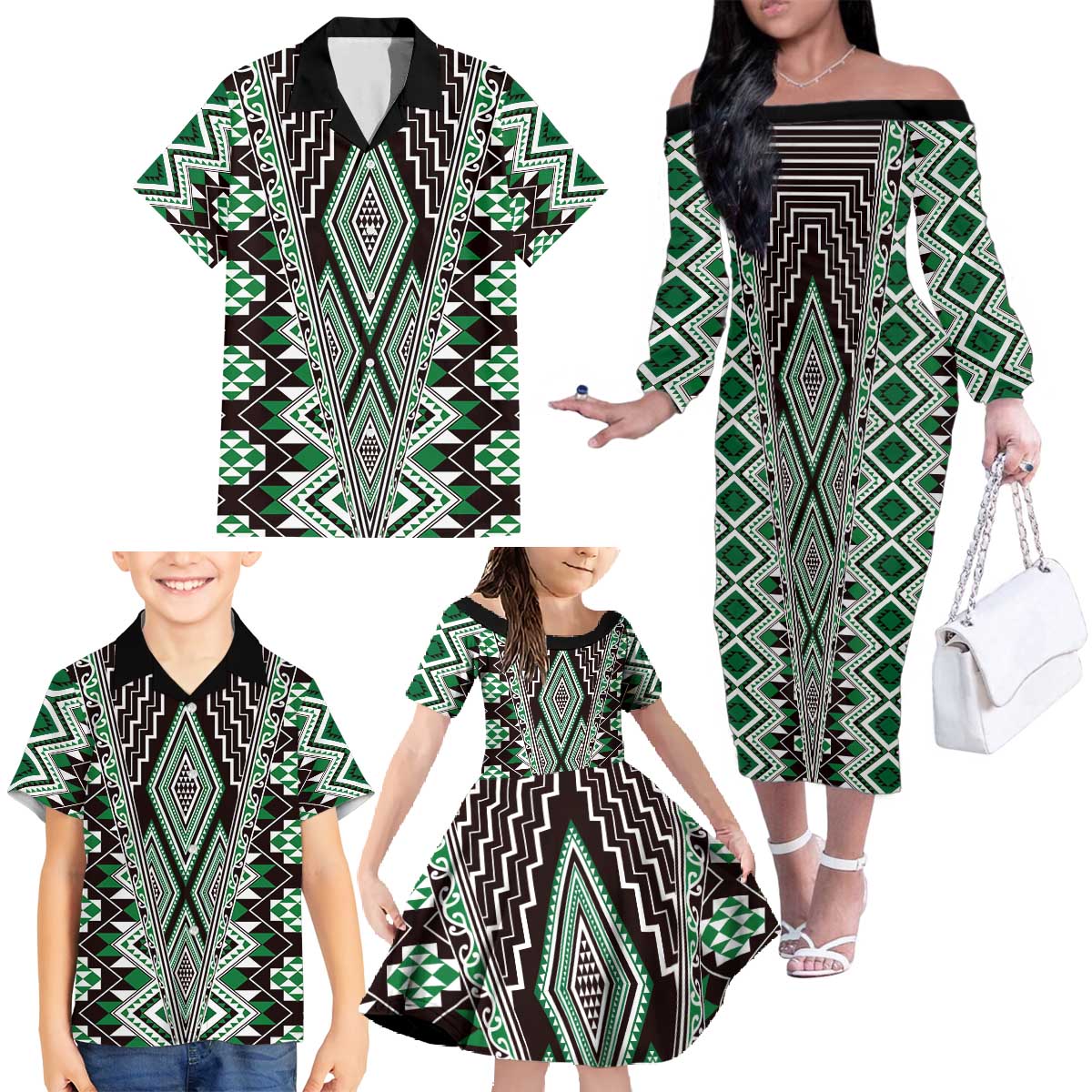 Green Aotearoa Tukutuku and Poutama Motif Family Matching Off The Shoulder Long Sleeve Dress and Hawaiian Shirt LT03 - Polynesian Pride