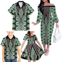 Green Aotearoa Tukutuku and Poutama Motif Family Matching Off The Shoulder Long Sleeve Dress and Hawaiian Shirt LT03 - Polynesian Pride