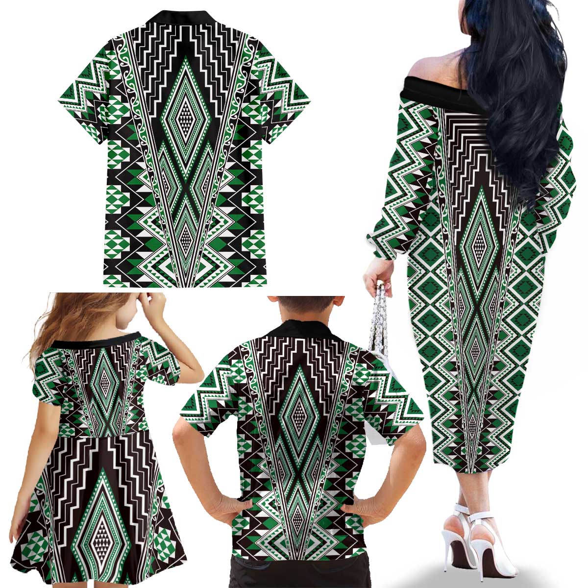 Green Aotearoa Tukutuku and Poutama Motif Family Matching Off The Shoulder Long Sleeve Dress and Hawaiian Shirt LT03 - Polynesian Pride