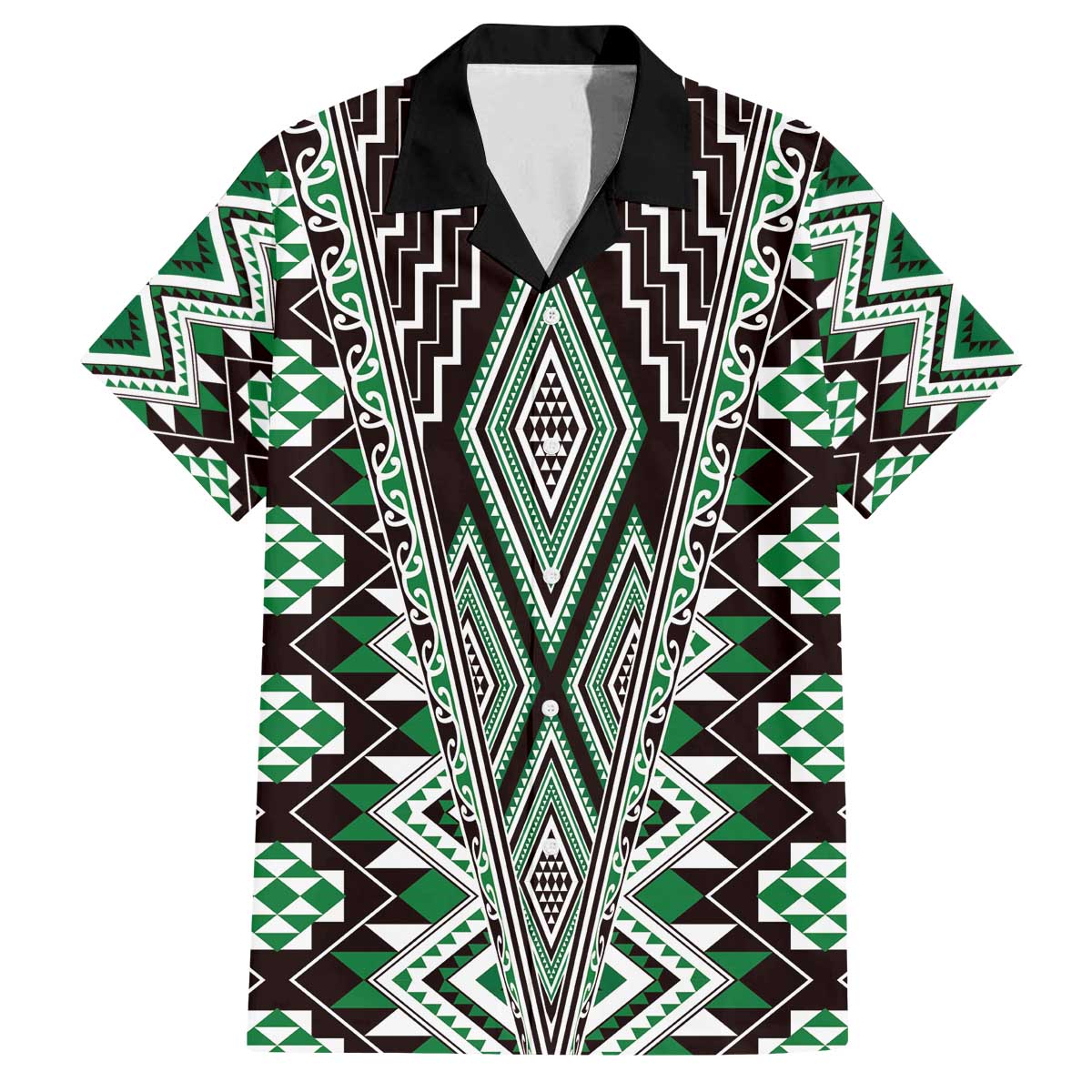 Green Aotearoa Tukutuku and Poutama Motif Family Matching Off The Shoulder Long Sleeve Dress and Hawaiian Shirt LT03 Dad's Shirt - Short Sleeve Green - Polynesian Pride