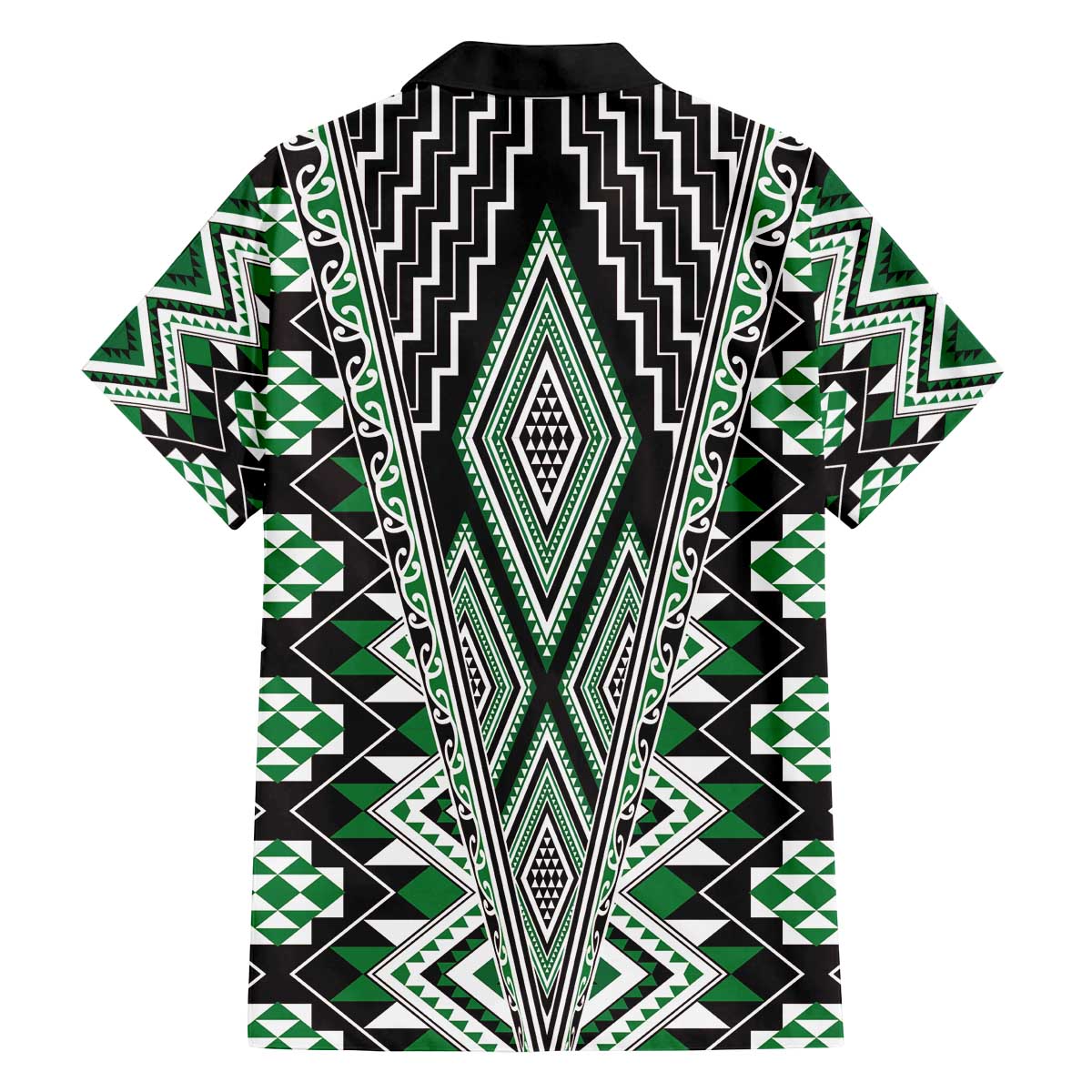 Green Aotearoa Tukutuku and Poutama Motif Family Matching Off The Shoulder Long Sleeve Dress and Hawaiian Shirt LT03 - Polynesian Pride
