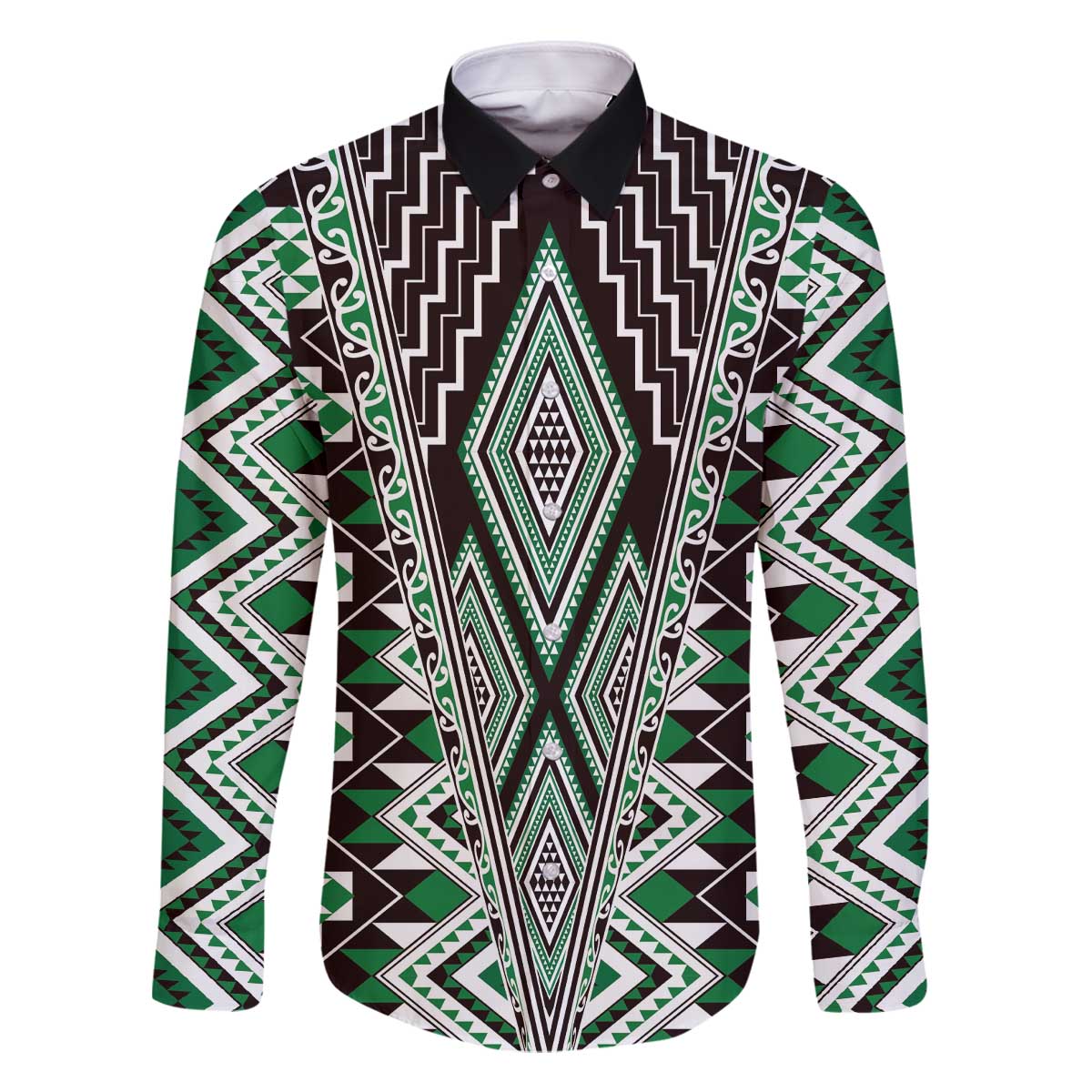 Green Aotearoa Tukutuku and Poutama Motif Family Matching Off The Shoulder Long Sleeve Dress and Hawaiian Shirt LT03 Dad's Shirt - Long Sleeve Green - Polynesian Pride