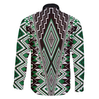 Green Aotearoa Tukutuku and Poutama Motif Family Matching Off The Shoulder Long Sleeve Dress and Hawaiian Shirt LT03 - Polynesian Pride
