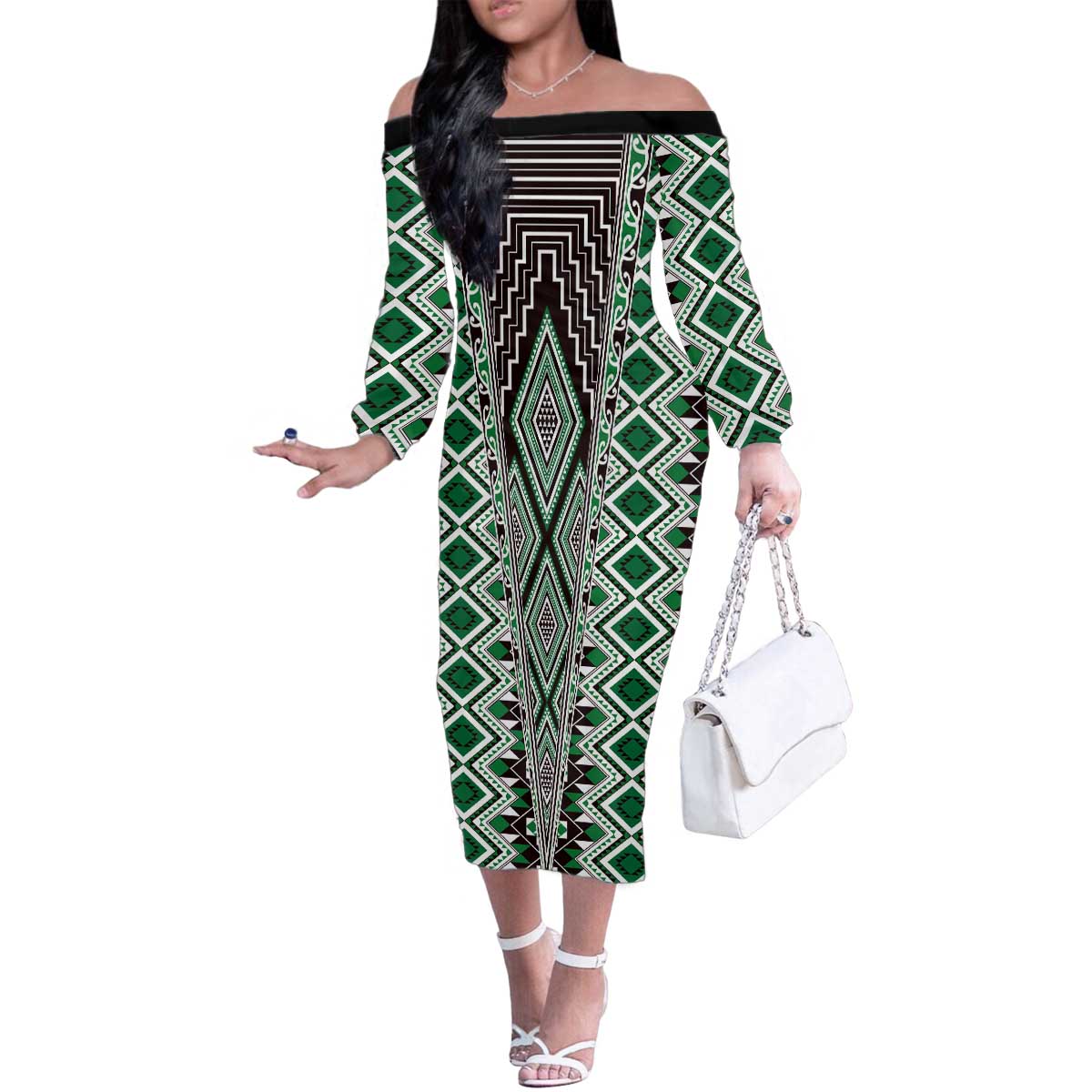 Green Aotearoa Tukutuku and Poutama Motif Family Matching Off The Shoulder Long Sleeve Dress and Hawaiian Shirt LT03 Mom's Dress Green - Polynesian Pride