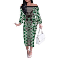 Green Aotearoa Tukutuku and Poutama Motif Family Matching Off The Shoulder Long Sleeve Dress and Hawaiian Shirt LT03 Mom's Dress Green - Polynesian Pride