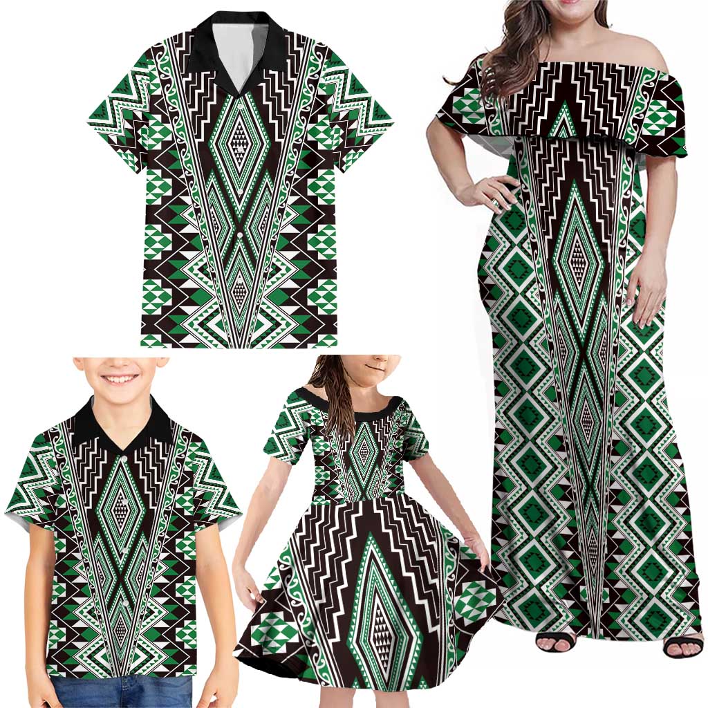 Green Aotearoa Tukutuku and Poutama Motif Family Matching Off Shoulder Maxi Dress and Hawaiian Shirt LT03 - Polynesian Pride