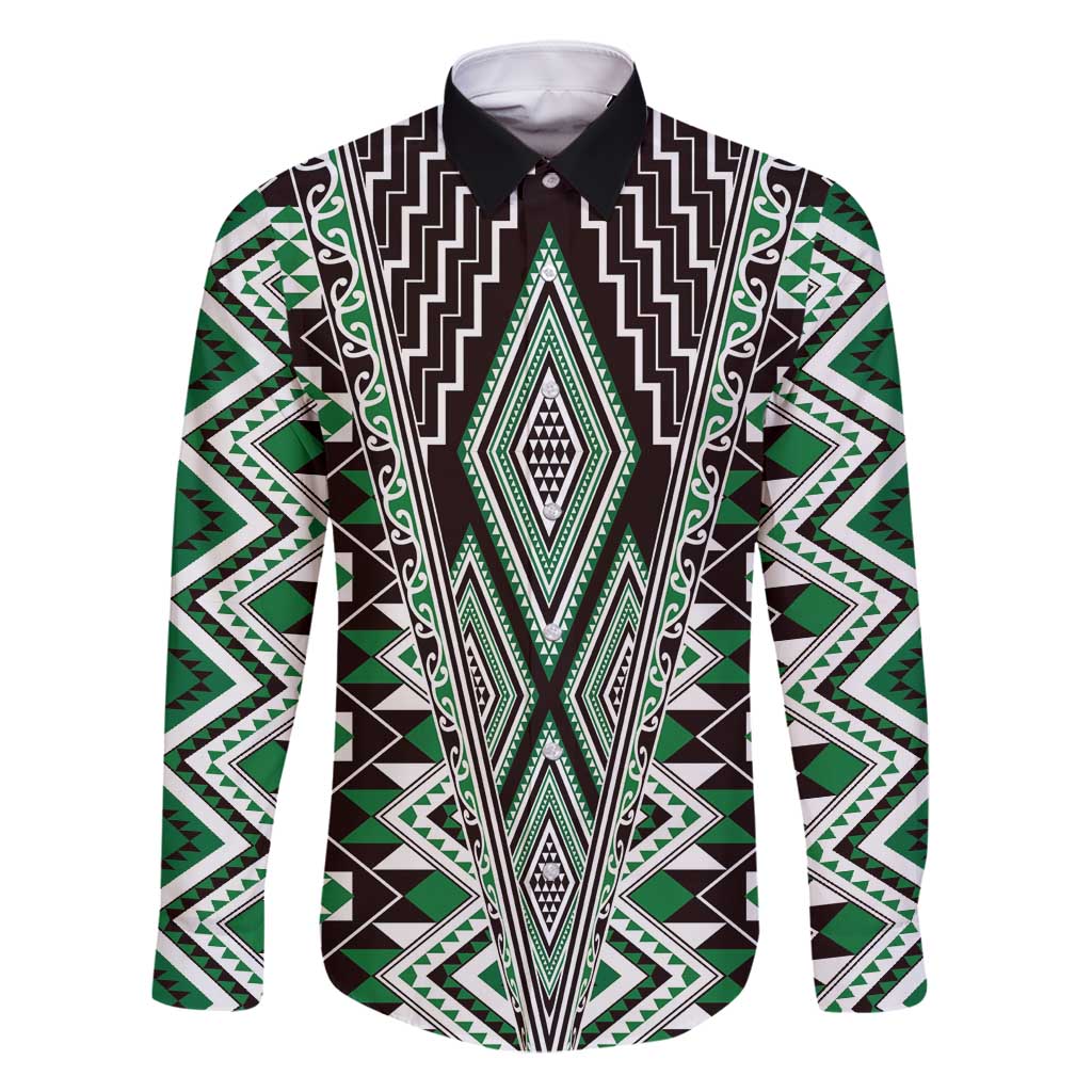 Green Aotearoa Tukutuku and Poutama Motif Family Matching Off Shoulder Maxi Dress and Hawaiian Shirt LT03 Dad's Shirt - Long Sleeve Green - Polynesian Pride