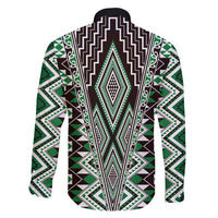 Green Aotearoa Tukutuku and Poutama Motif Family Matching Off Shoulder Maxi Dress and Hawaiian Shirt LT03 - Polynesian Pride