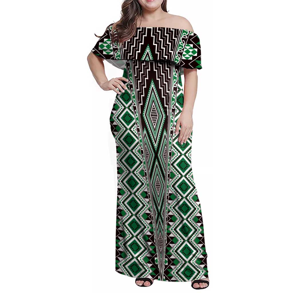 Green Aotearoa Tukutuku and Poutama Motif Family Matching Off Shoulder Maxi Dress and Hawaiian Shirt LT03 Mom's Dress Green - Polynesian Pride