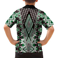 Green Aotearoa Tukutuku and Poutama Motif Family Matching Off Shoulder Short Dress and Hawaiian Shirt LT03 - Polynesian Pride