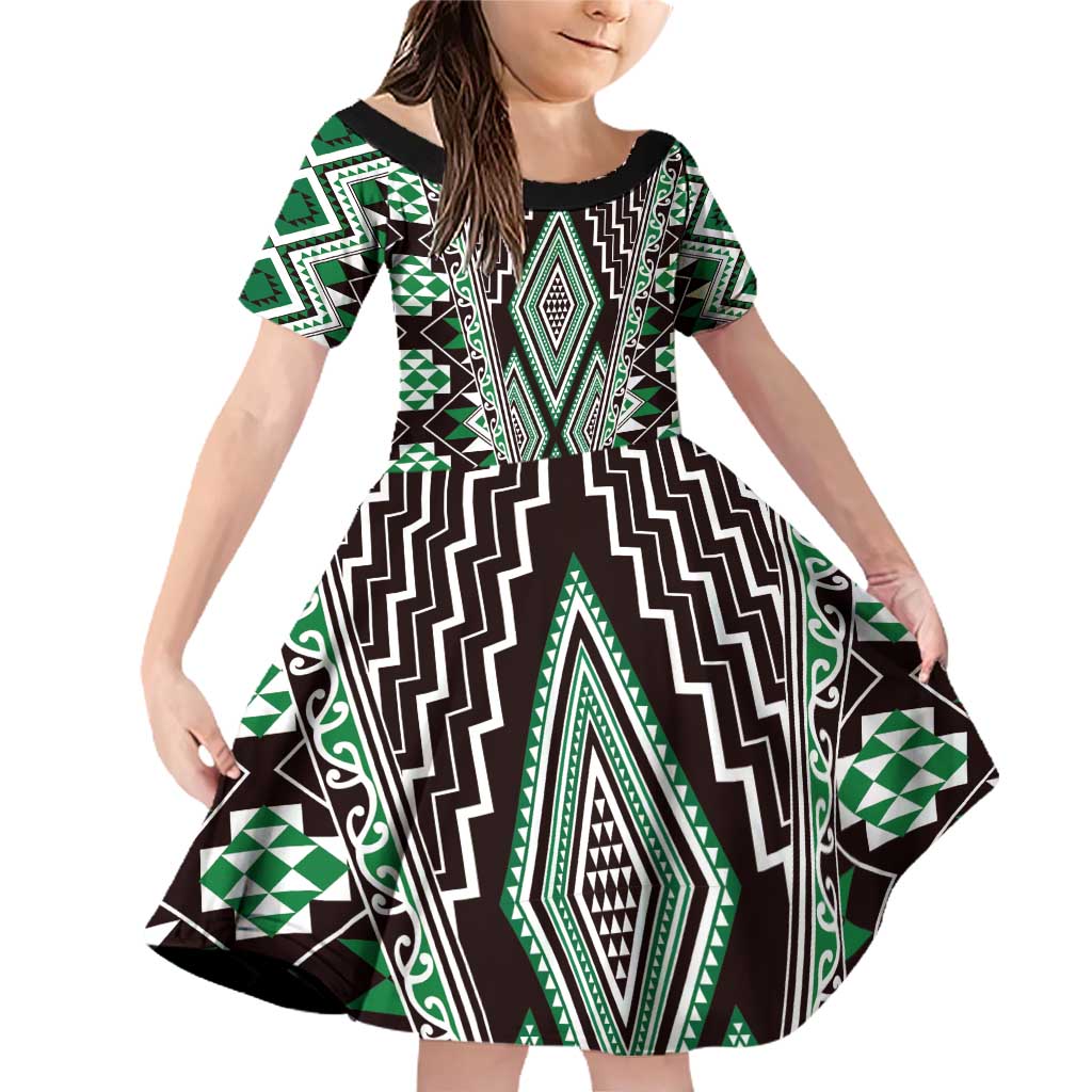 Green Aotearoa Tukutuku and Poutama Motif Family Matching Off Shoulder Short Dress and Hawaiian Shirt LT03 Daughter's Dress Green - Polynesian Pride