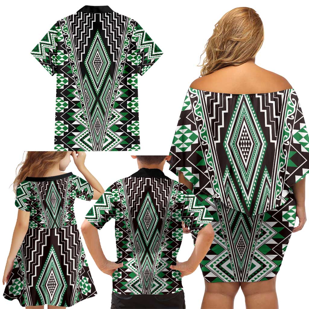 Green Aotearoa Tukutuku and Poutama Motif Family Matching Off Shoulder Short Dress and Hawaiian Shirt LT03 - Polynesian Pride