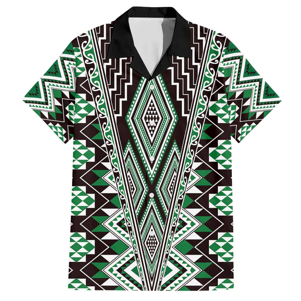 Green Aotearoa Tukutuku and Poutama Motif Family Matching Off Shoulder Short Dress and Hawaiian Shirt LT03 Dad's Shirt - Short Sleeve Green - Polynesian Pride