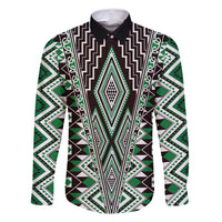 Green Aotearoa Tukutuku and Poutama Motif Family Matching Off Shoulder Short Dress and Hawaiian Shirt LT03 Dad's Shirt - Long Sleeve Green - Polynesian Pride