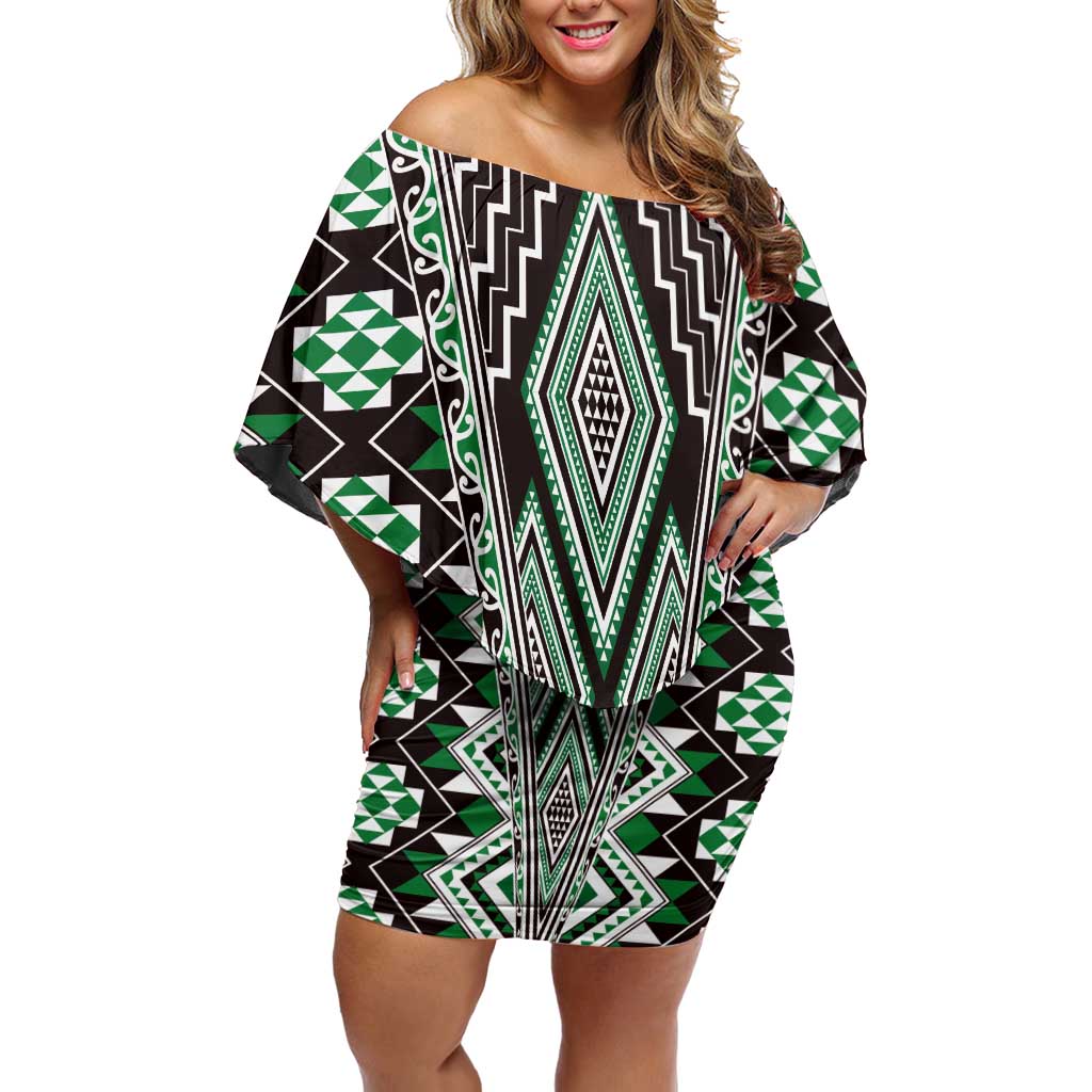 Green Aotearoa Tukutuku and Poutama Motif Family Matching Off Shoulder Short Dress and Hawaiian Shirt LT03 Mom's Dress Green - Polynesian Pride