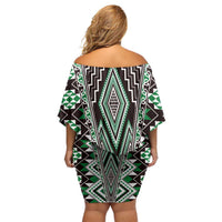 Green Aotearoa Tukutuku and Poutama Motif Family Matching Off Shoulder Short Dress and Hawaiian Shirt LT03 - Polynesian Pride