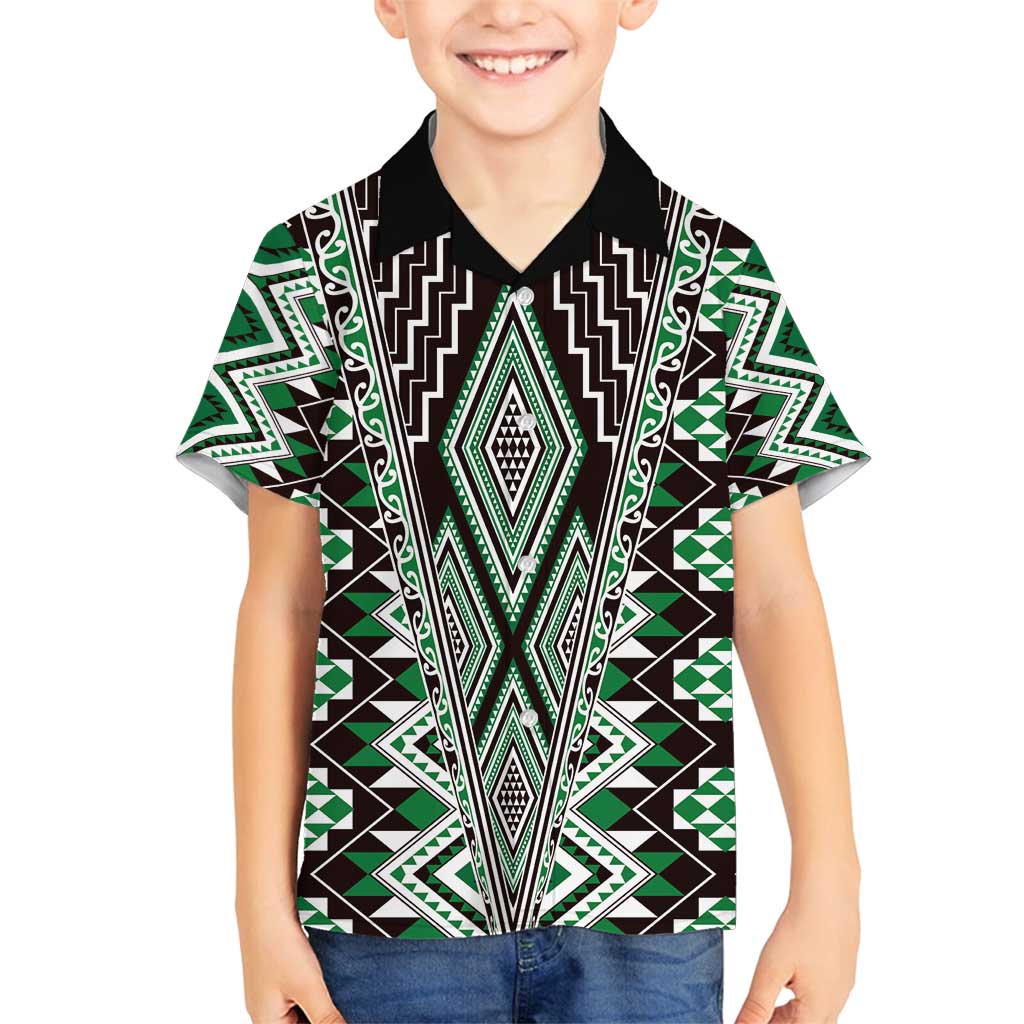 Green Aotearoa Tukutuku and Poutama Motif Family Matching Off Shoulder Short Dress and Hawaiian Shirt LT03 Son's Shirt Green - Polynesian Pride