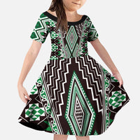 Green Aotearoa Tukutuku and Poutama Motif Family Matching Puletasi and Hawaiian Shirt LT03 Daughter's Dress Green - Polynesian Pride