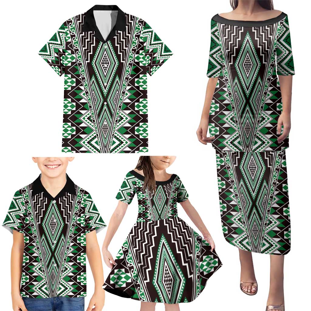Green Aotearoa Tukutuku and Poutama Motif Family Matching Puletasi and Hawaiian Shirt LT03 - Polynesian Pride
