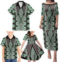 Green Aotearoa Tukutuku and Poutama Motif Family Matching Puletasi and Hawaiian Shirt LT03 - Polynesian Pride