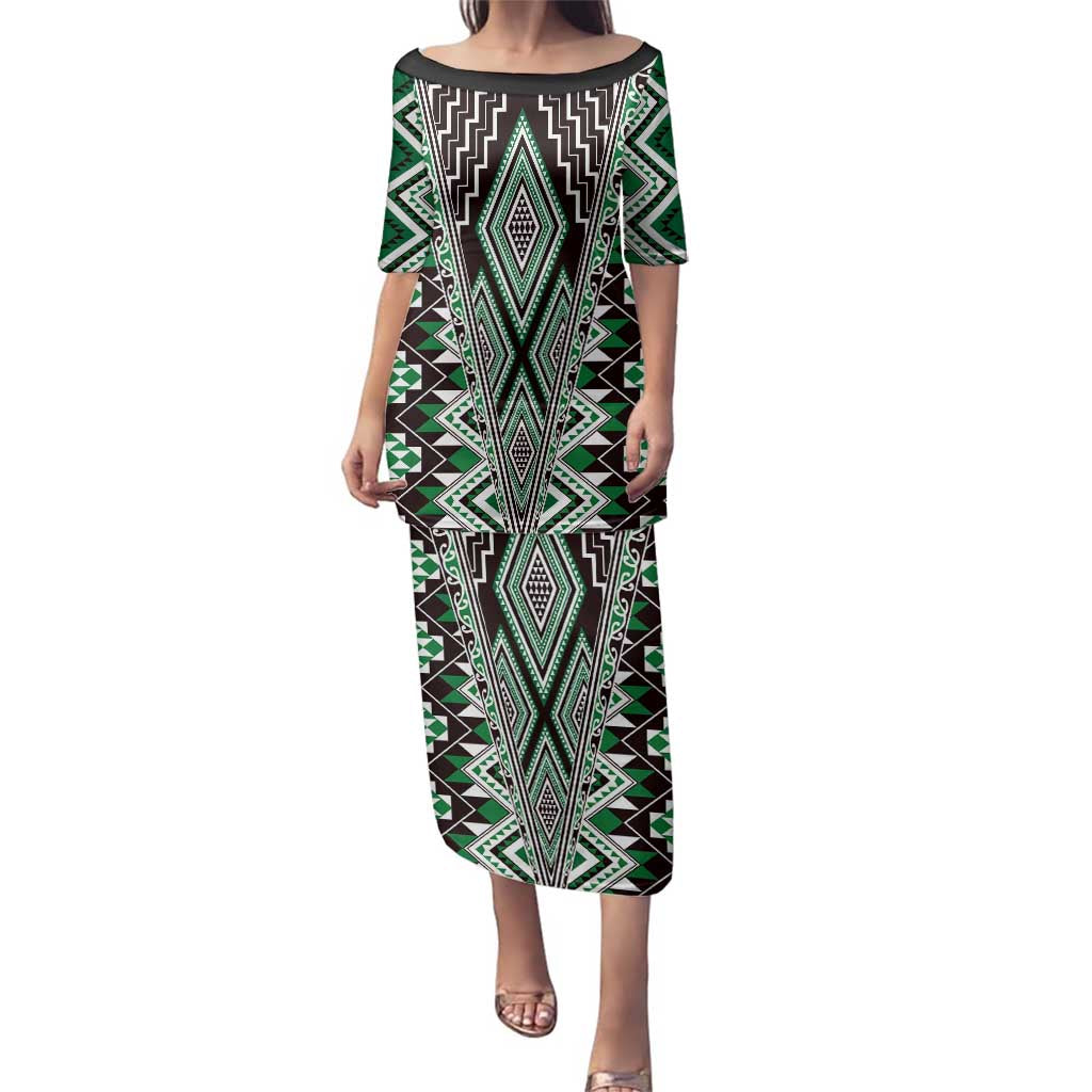 Green Aotearoa Tukutuku and Poutama Motif Family Matching Puletasi and Hawaiian Shirt LT03 Mom's Dress Green - Polynesian Pride