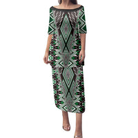 Green Aotearoa Tukutuku and Poutama Motif Family Matching Puletasi and Hawaiian Shirt LT03 Mom's Dress Green - Polynesian Pride