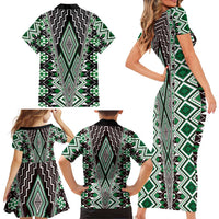 Green Aotearoa Tukutuku and Poutama Motif Family Matching Short Sleeve Bodycon Dress and Hawaiian Shirt LT03 - Polynesian Pride