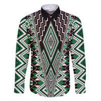 Green Aotearoa Tukutuku and Poutama Motif Family Matching Short Sleeve Bodycon Dress and Hawaiian Shirt LT03 Dad's Shirt - Long Sleeve Green - Polynesian Pride