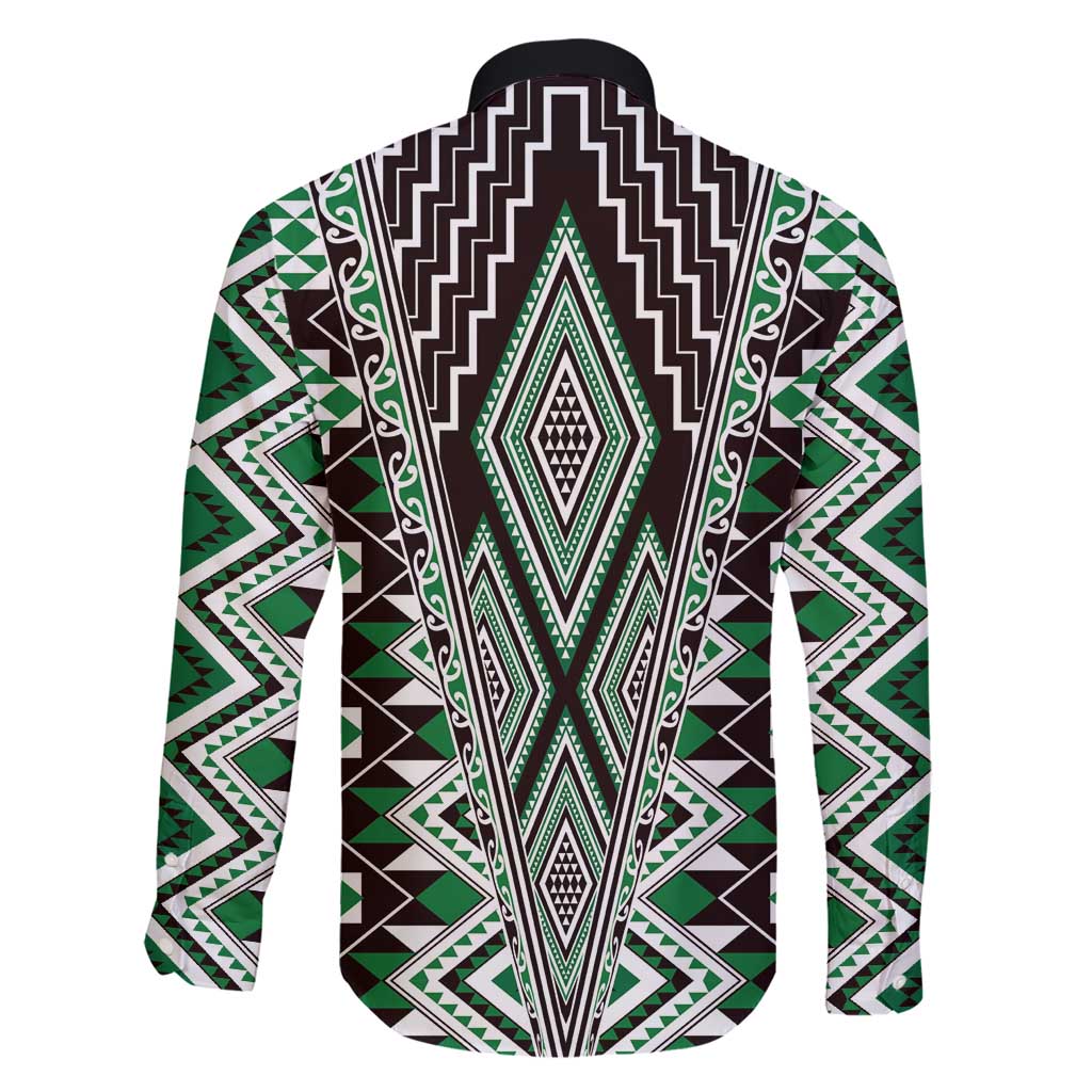 Green Aotearoa Tukutuku and Poutama Motif Family Matching Short Sleeve Bodycon Dress and Hawaiian Shirt LT03 - Polynesian Pride
