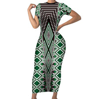 Green Aotearoa Tukutuku and Poutama Motif Family Matching Short Sleeve Bodycon Dress and Hawaiian Shirt LT03 Mom's Dress Green - Polynesian Pride
