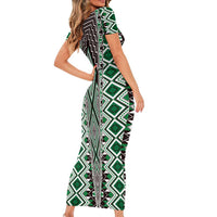 Green Aotearoa Tukutuku and Poutama Motif Family Matching Short Sleeve Bodycon Dress and Hawaiian Shirt LT03 - Polynesian Pride
