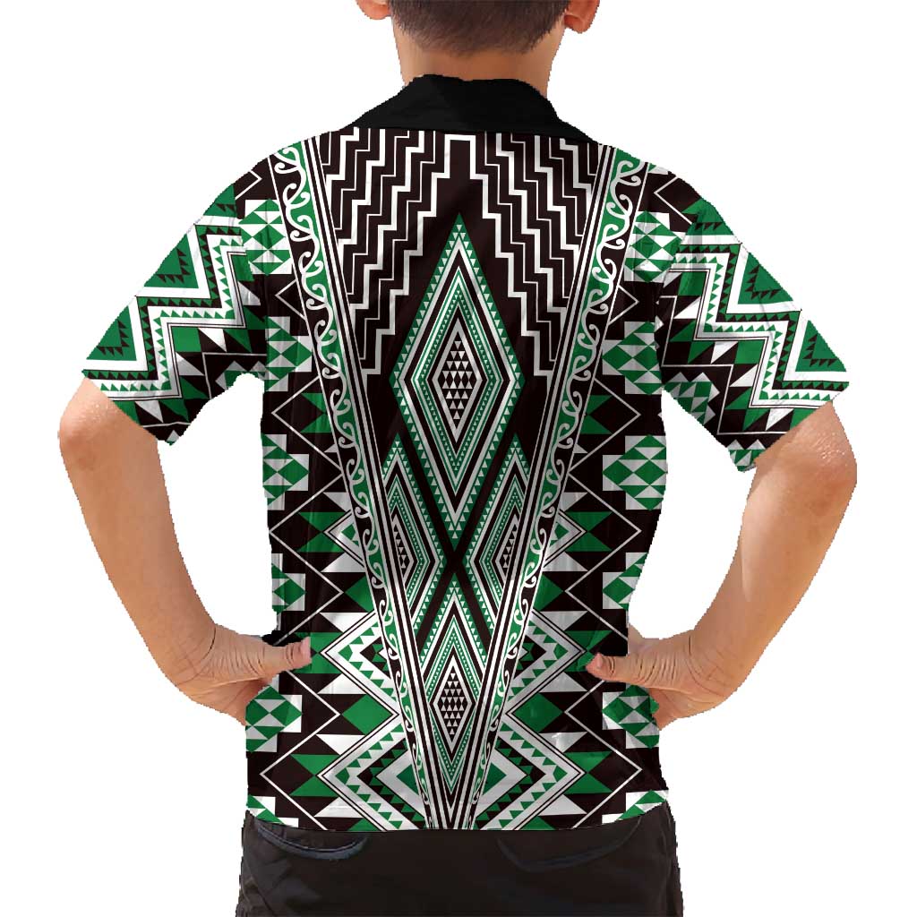 Green Aotearoa Tukutuku and Poutama Motif Family Matching Summer Maxi Dress and Hawaiian Shirt LT03 - Polynesian Pride