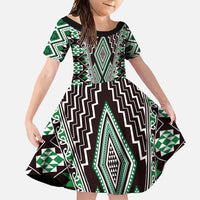 Green Aotearoa Tukutuku and Poutama Motif Family Matching Summer Maxi Dress and Hawaiian Shirt LT03 Daughter's Dress Green - Polynesian Pride