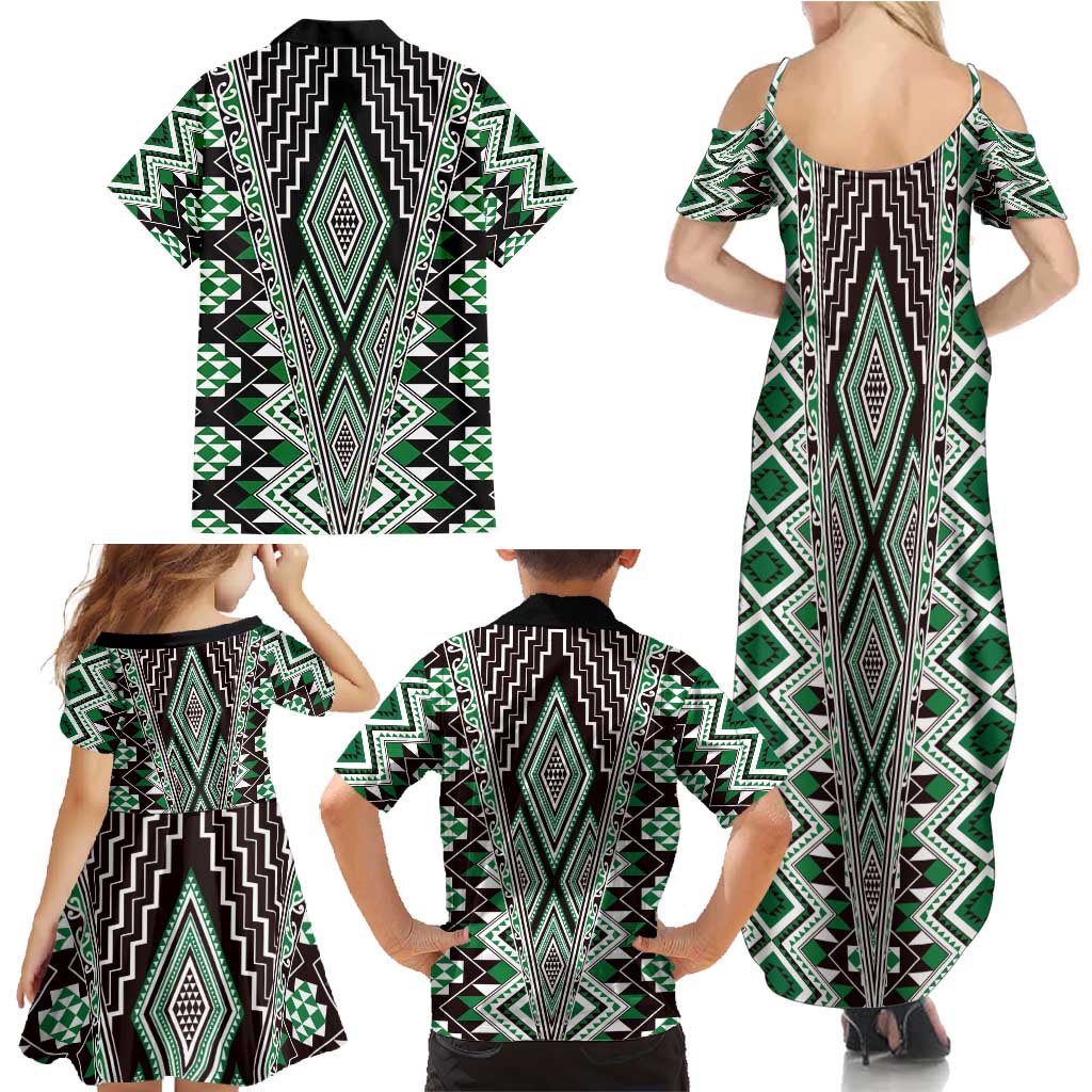 Green Aotearoa Tukutuku and Poutama Motif Family Matching Summer Maxi Dress and Hawaiian Shirt LT03 - Polynesian Pride