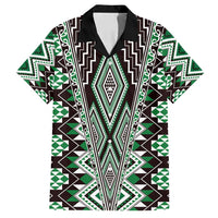 Green Aotearoa Tukutuku and Poutama Motif Family Matching Summer Maxi Dress and Hawaiian Shirt LT03 Dad's Shirt - Short Sleeve Green - Polynesian Pride
