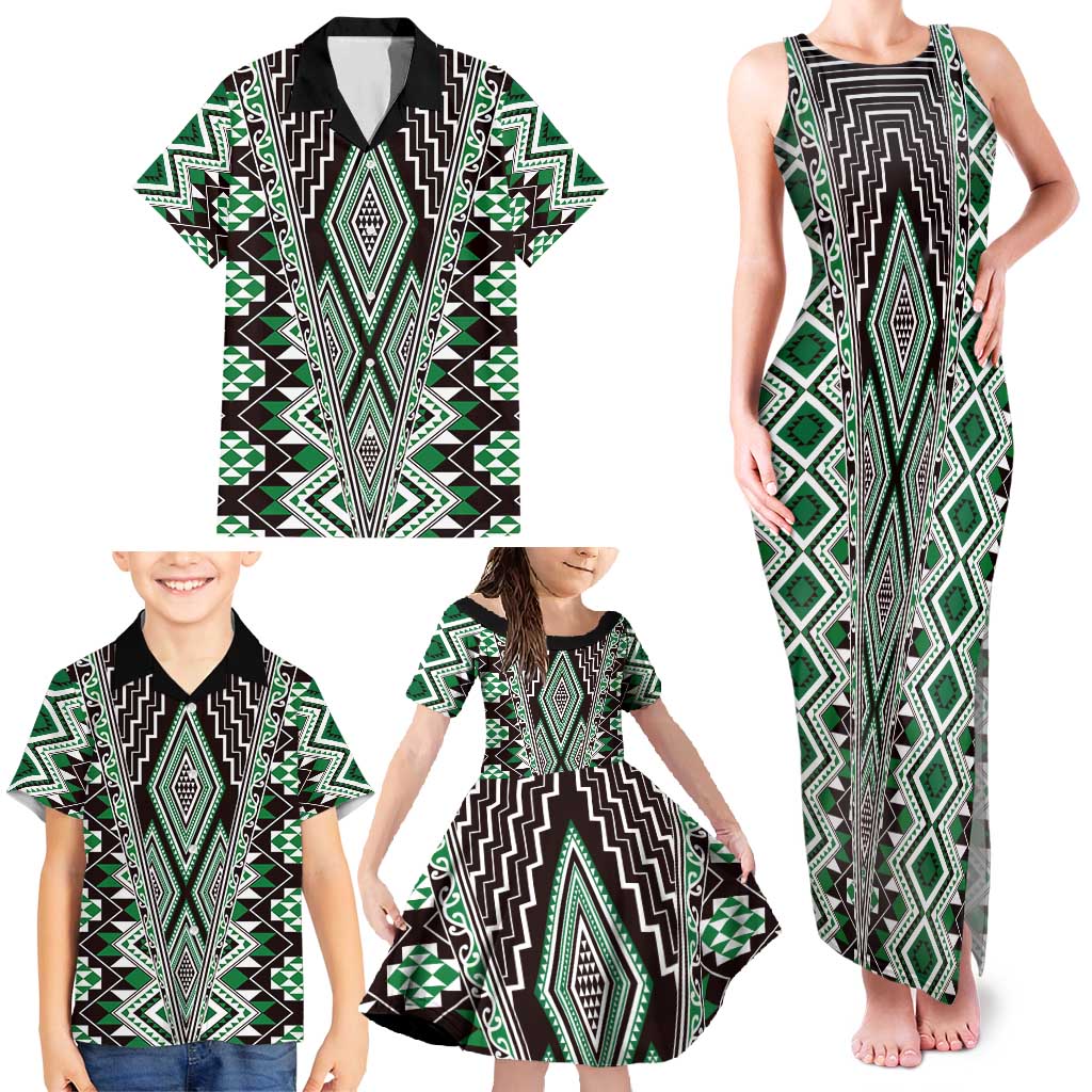 Green Aotearoa Tukutuku and Poutama Motif Family Matching Tank Maxi Dress and Hawaiian Shirt LT03 - Polynesian Pride