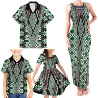 Green Aotearoa Tukutuku and Poutama Motif Family Matching Tank Maxi Dress and Hawaiian Shirt LT03 - Polynesian Pride