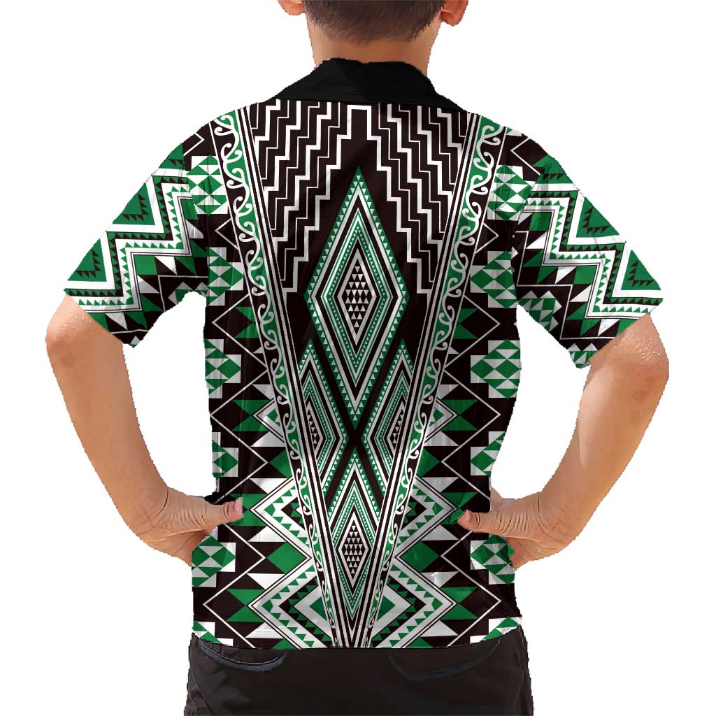 Green Aotearoa Tukutuku and Poutama Motif Kid Hawaiian Shirt