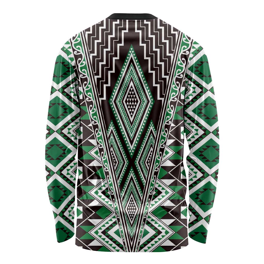 Green Aotearoa Tukutuku and Poutama Motif Long Sleeve Shirt