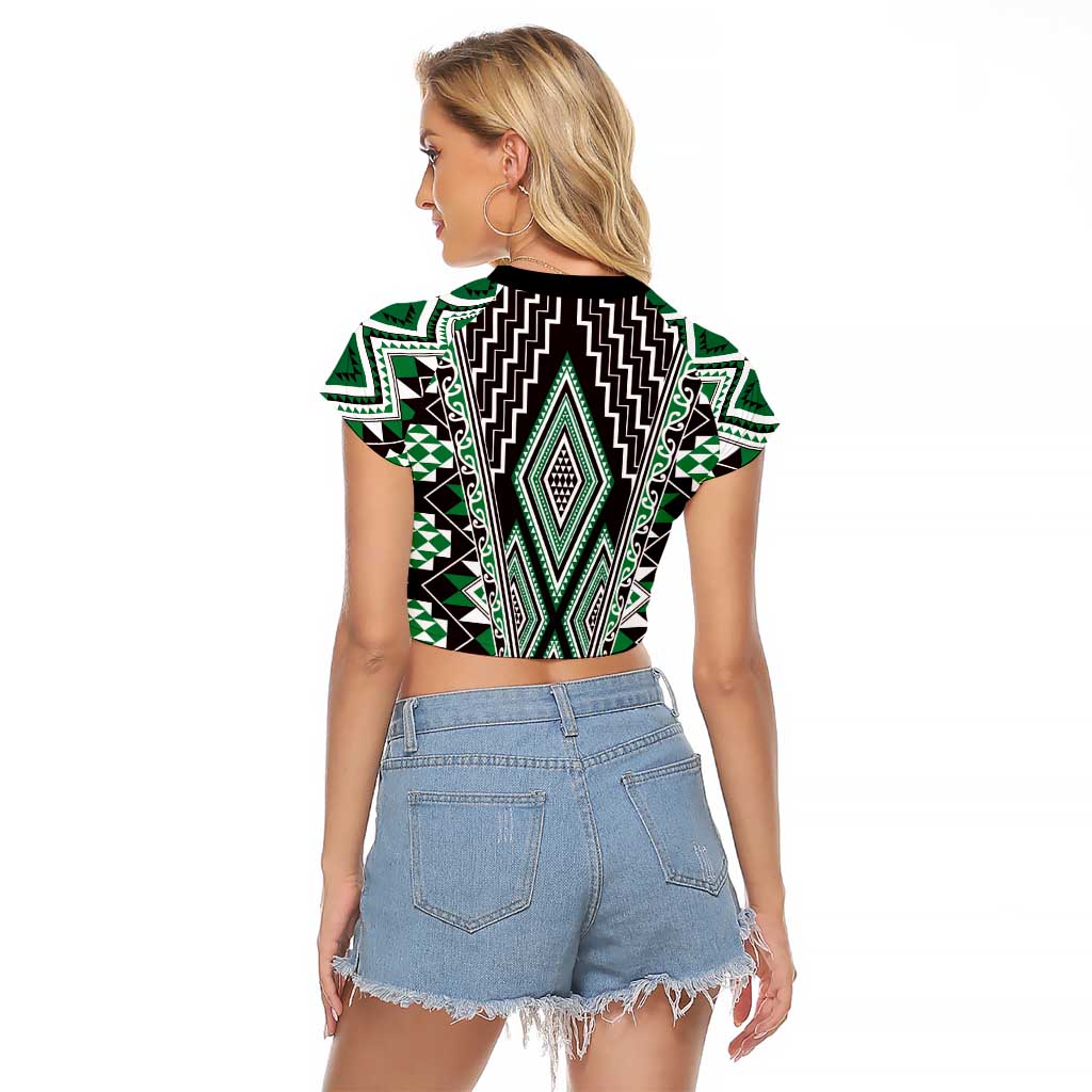 Green Aotearoa Tukutuku and Poutama Motif Raglan Cropped T Shirt