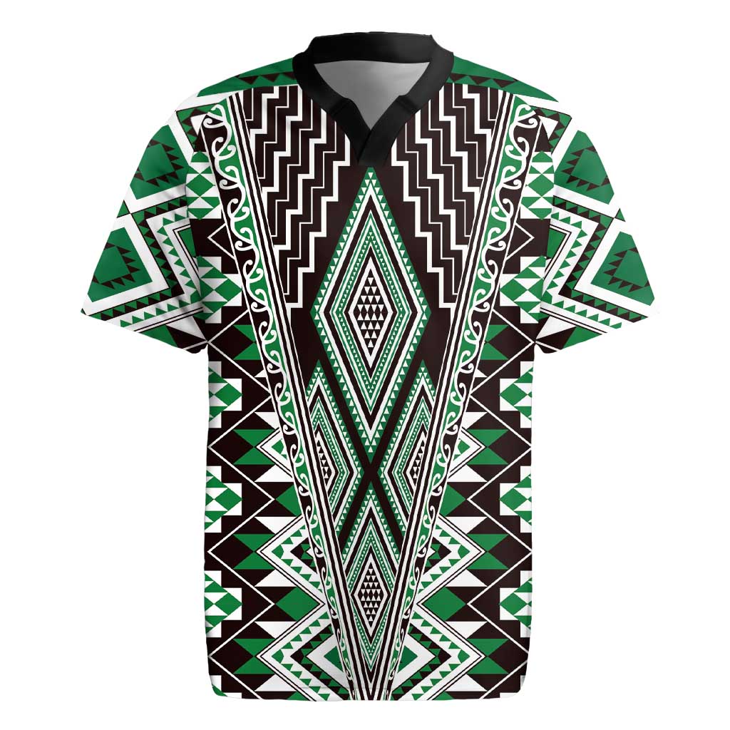 Green Aotearoa Tukutuku and Poutama Motif Rugby Jersey LT03 Green - Polynesian Pride